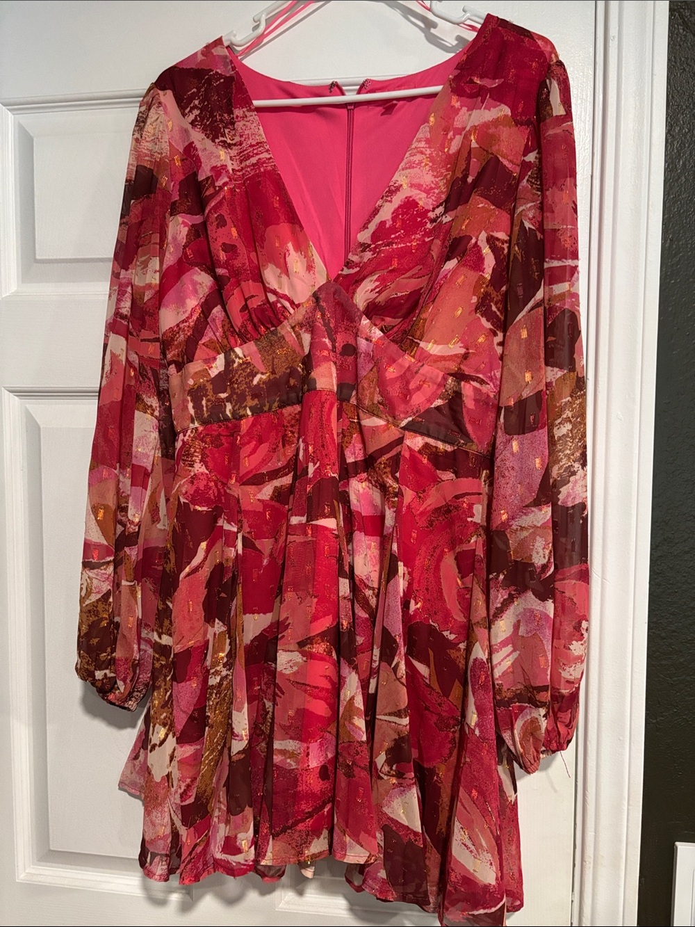 Flying Tomato Pink and Red Abstract V-Neck Tunic Dress Top